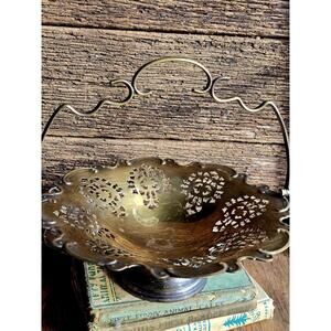 Vintage Footed Brass Pedestal Basket Ornate Cut-Out Metal Candy Bowl with Handle